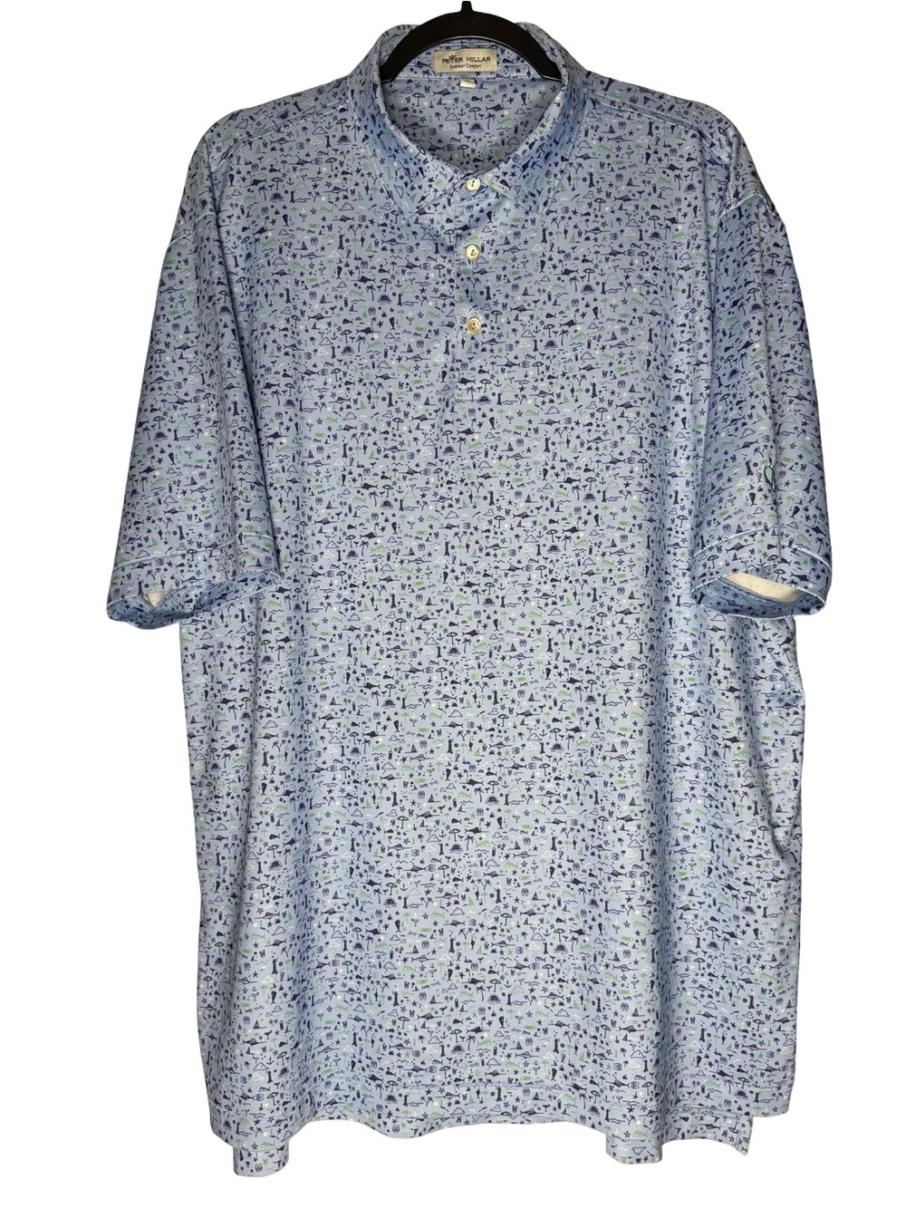 Peter Millar Summer Comfort Vinnings Fish Print Polo Sz XL Golf Performance Blue